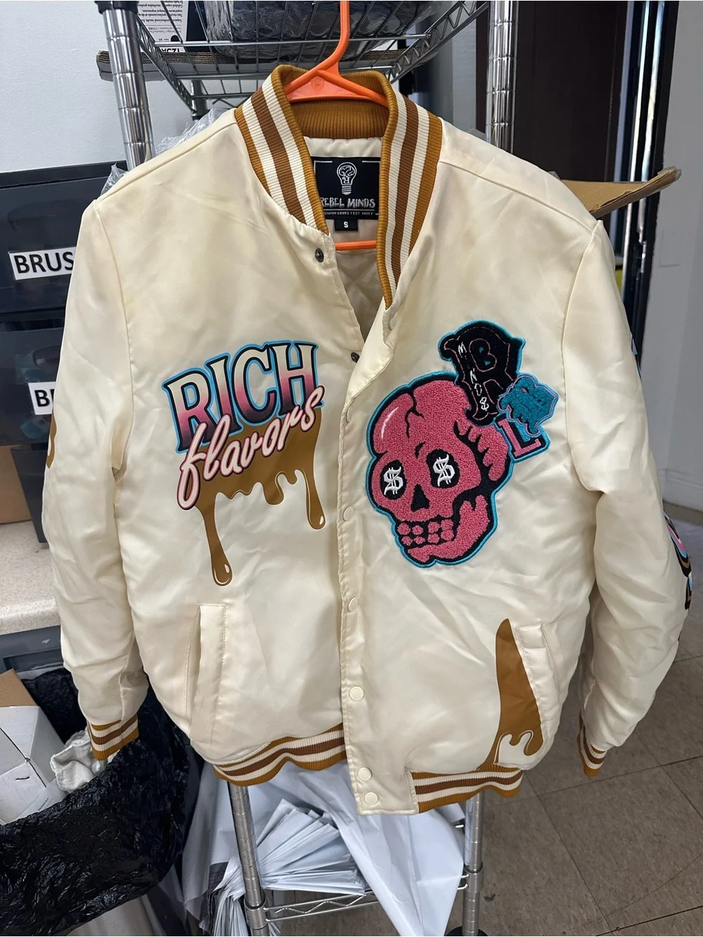 Rebel Minds Cream 'Rich Flavors' Embroidered Kids Satin Bomber Jacket
